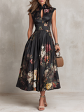 Keyhole Collar Pleated Satin Midi Dress