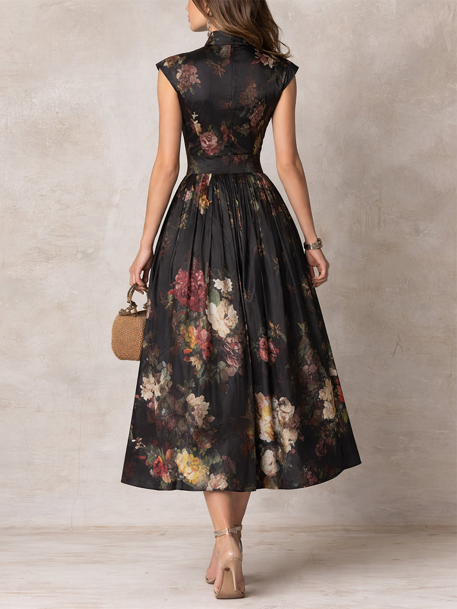 Keyhole Collar Pleated Satin Midi Dress