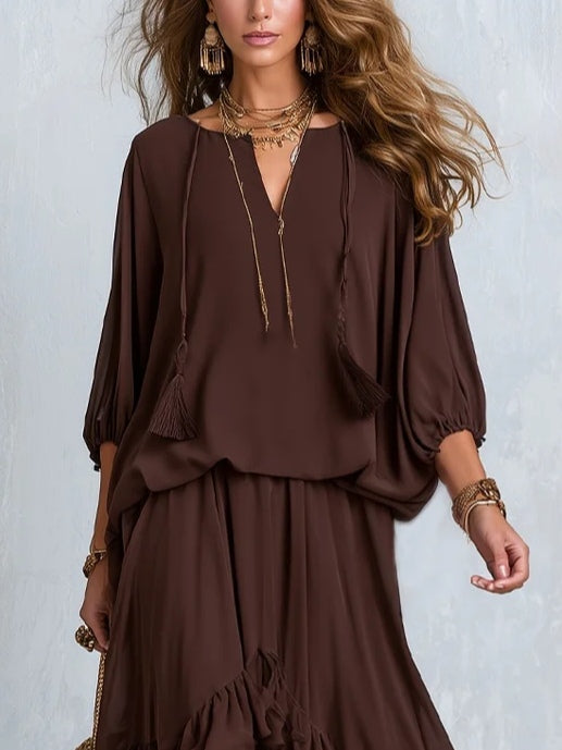 Brown Wrap Ruffle-Hem Maxi Dress