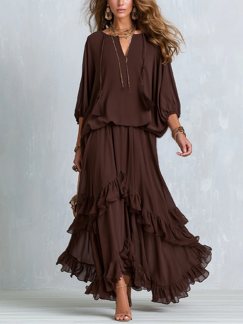 Brown Wrap Ruffle-Hem Maxi Dress, front view