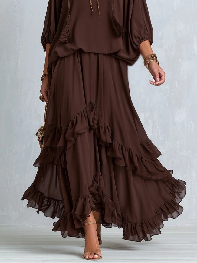 Brown Wrap Ruffle-Hem Maxi Dress