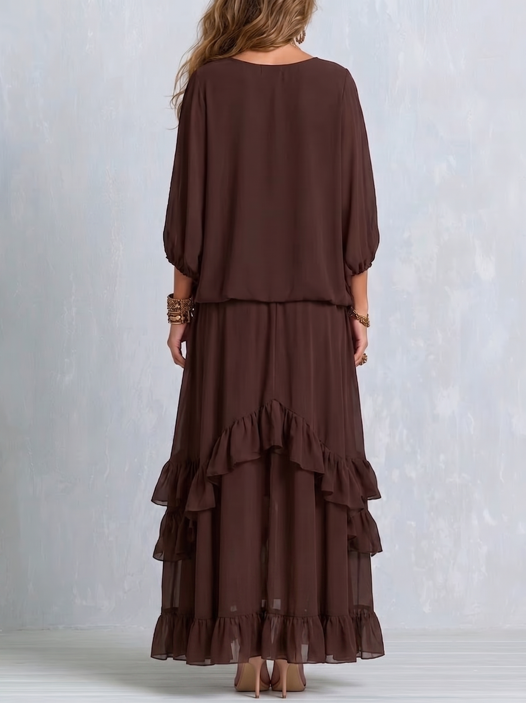 Brown Wrap Ruffle-Hem Maxi Dress