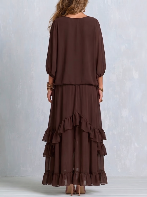 Brown Wrap Ruffle-Hem Maxi Dress