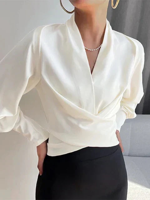 Blue Elegant Draped V-Neck Blouse