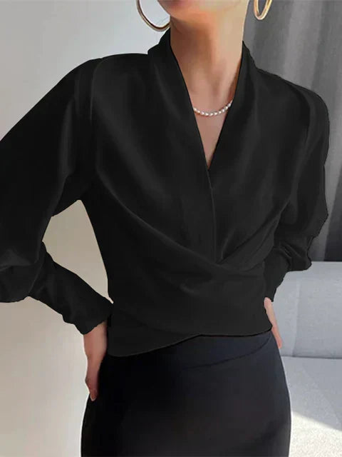 Blue Elegant Draped V-Neck Blouse