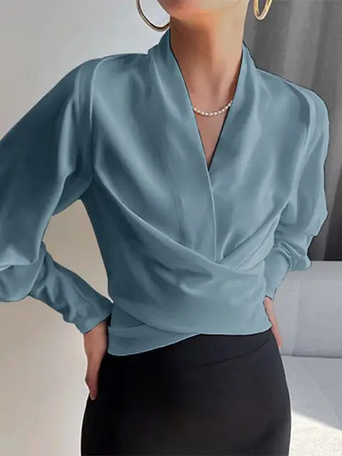 Blue Elegant Draped V-Neck Blouse, front view