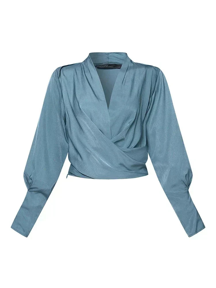 Blue Elegant Draped V-Neck Blouse