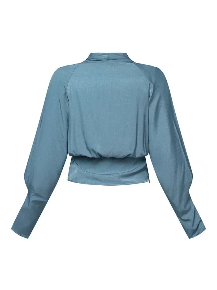 Blue Elegant Draped V-Neck Blouse