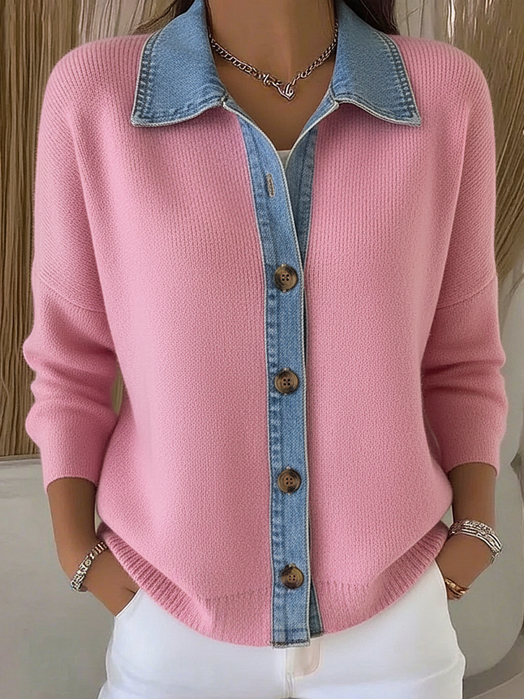 Red Polo Collar Knit Cardigan