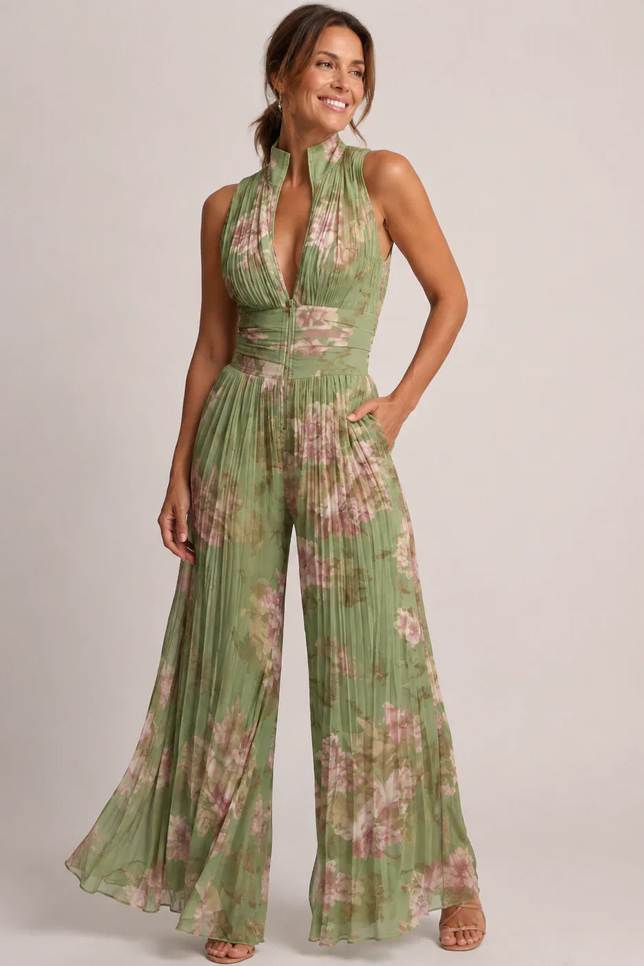 Floral Chiffon Wide Leg V Neck Jumpsuit