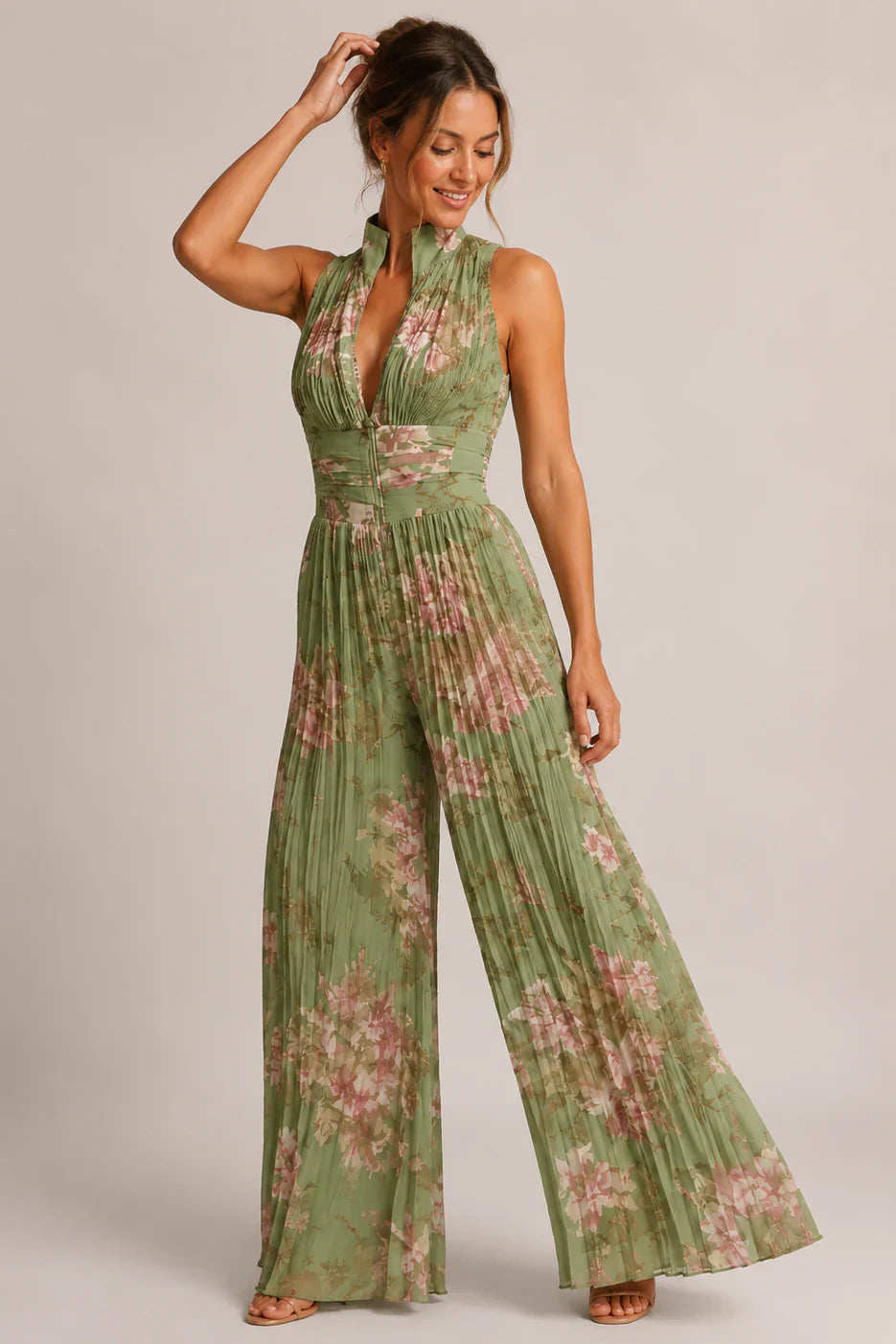 Floral Chiffon Wide Leg V Neck Jumpsuit