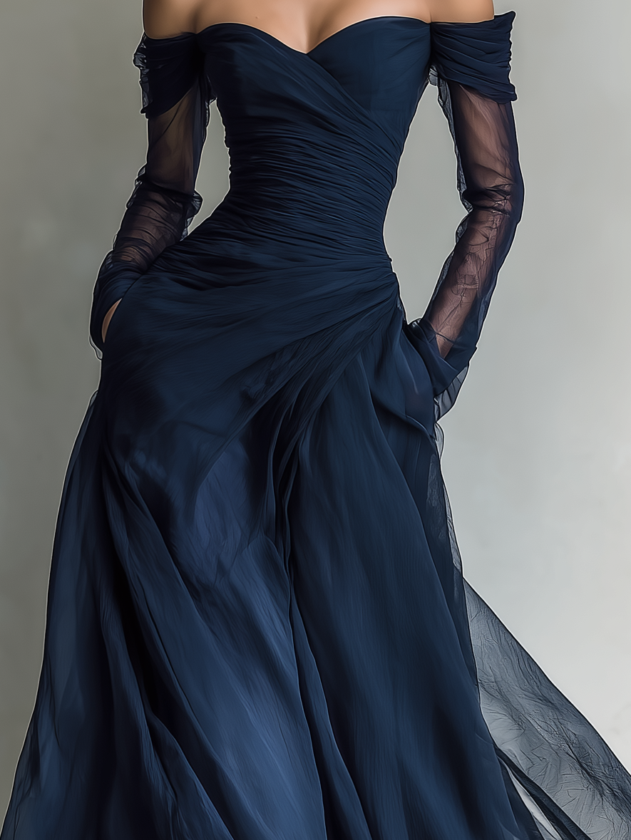 Dark Blue off-shoulder chiffon Formal Dress, close-up of ruched bodice