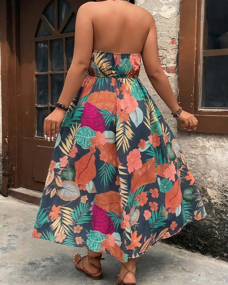 Printed Halter Neck Sleeveless A-Line Mini Dress and Shorts Set