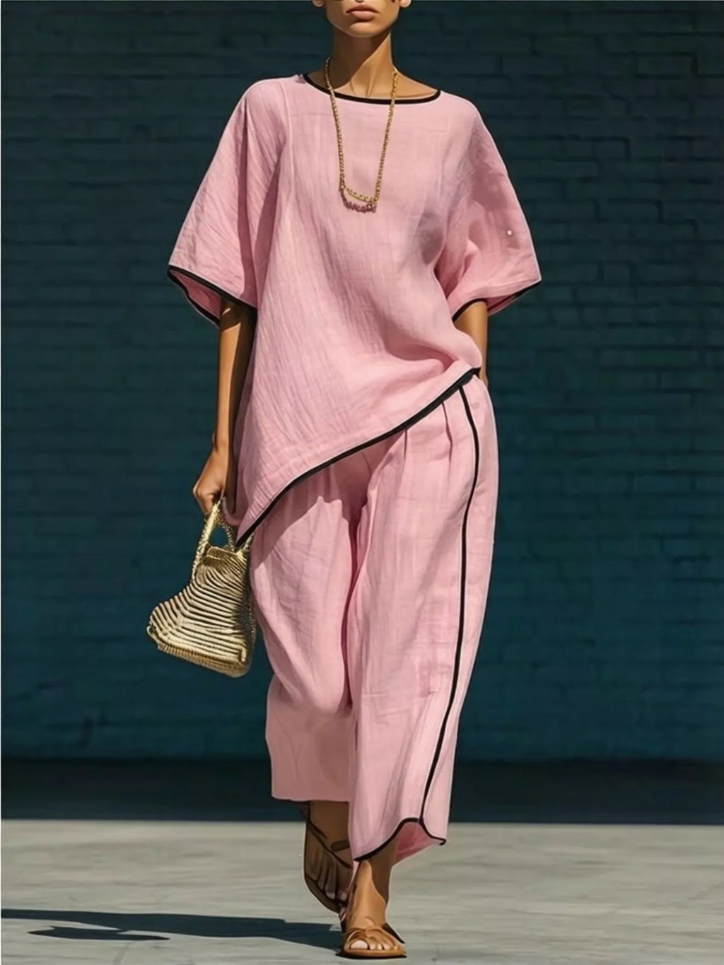 Pink contrast trim round neck top and trousers co-ord set