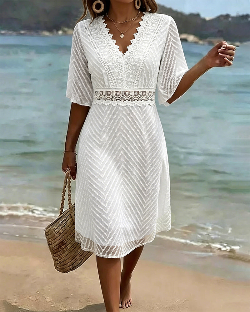 White lace patchwork cutout V-neck mini dress, front view