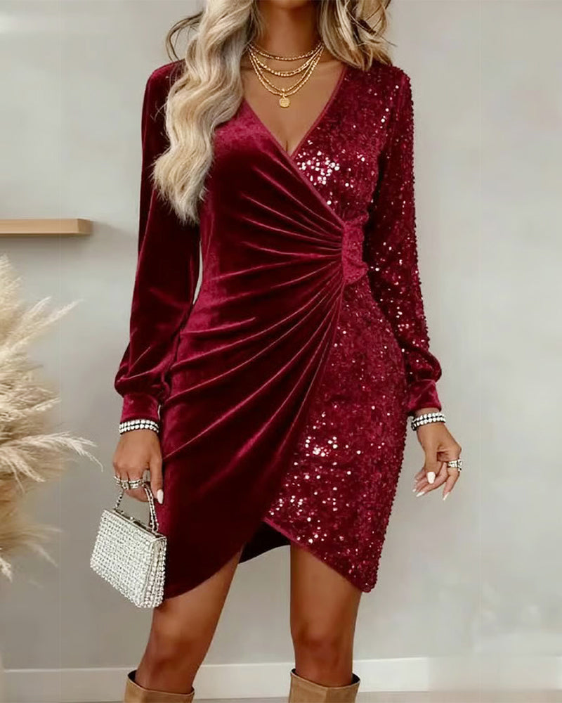 Red sequined velvet V-neck Formal Dress, front view