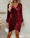 Red sequined velvet V-neck Formal Dress, front view