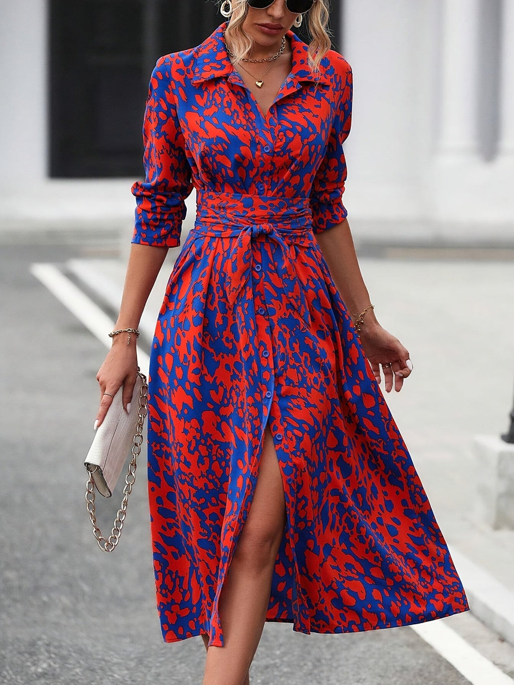 Geometric Print Belted Shirt Dress Summer