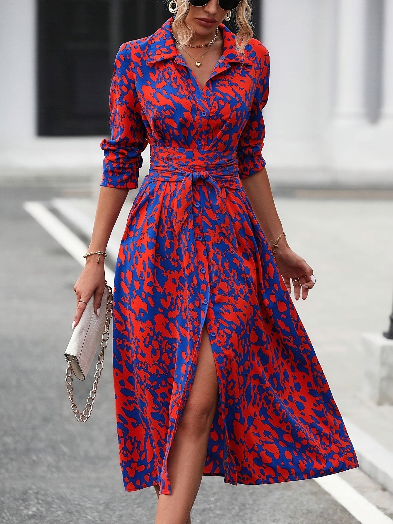 Geometric Print Belted Shirt Dress Summer