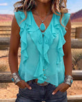 Cyan ruffle V-neck sleeveless solid blouse, front view