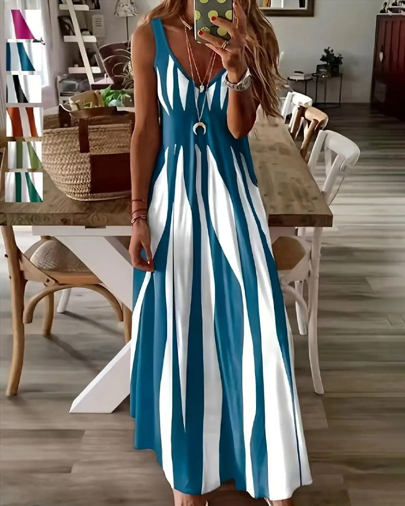 Fuchsia striped patchwork V-neck maxi dress, front view