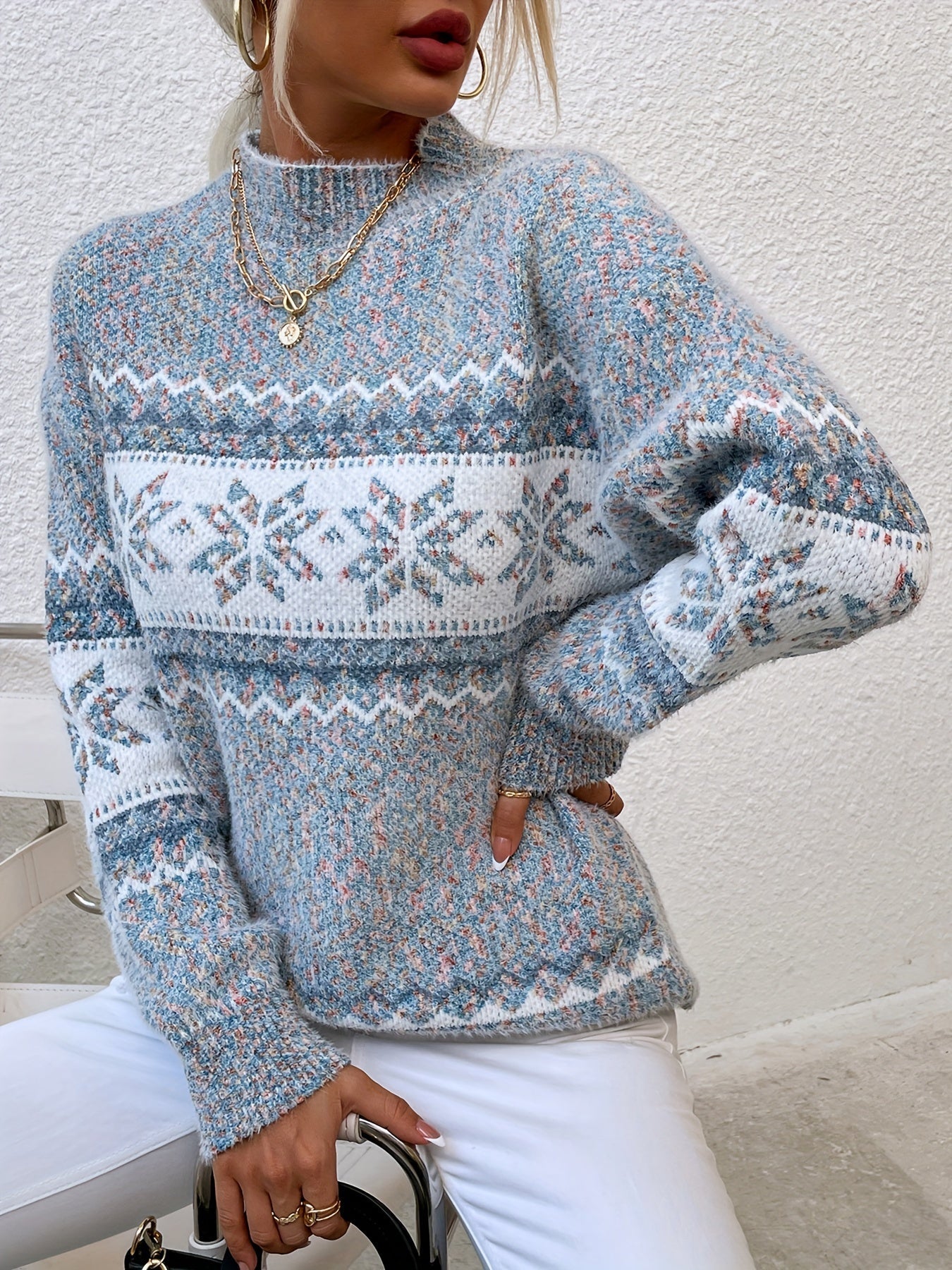 Gray cozy snowflake mock-neck sweater