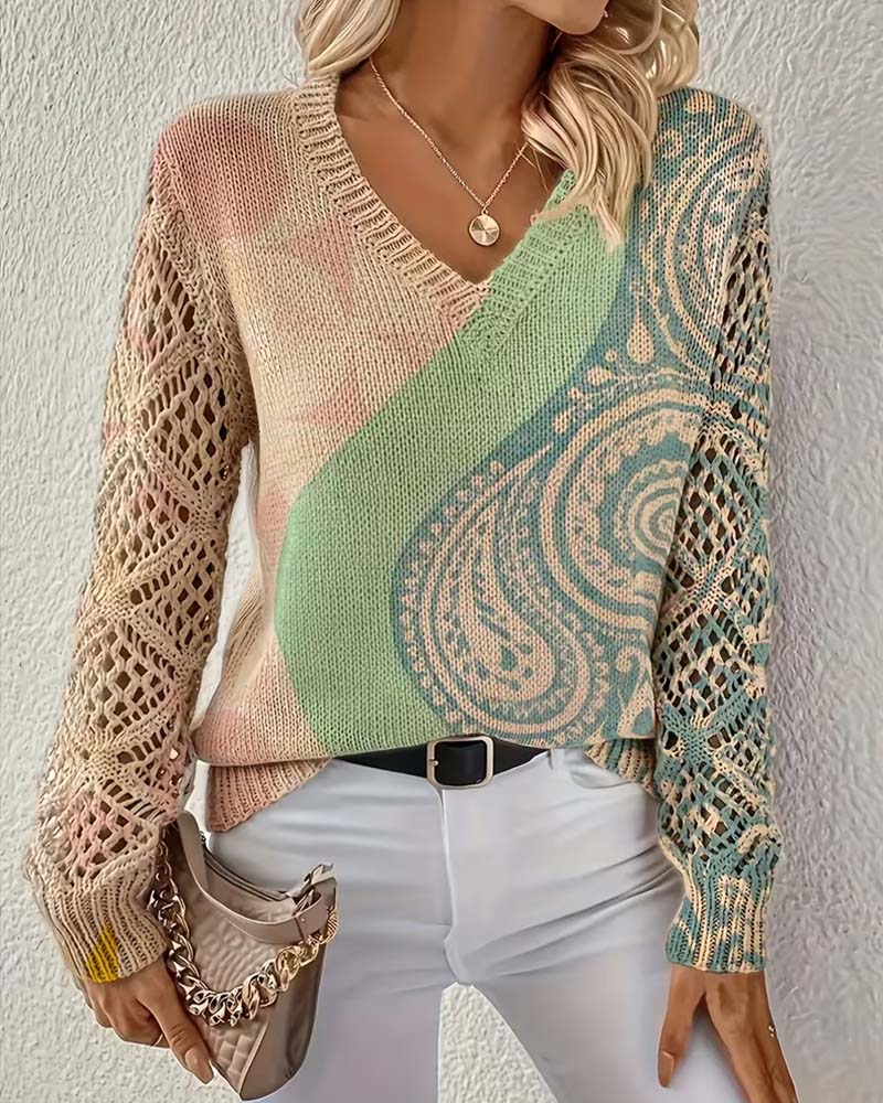 Green color block hollow-out V-neck knit sweater, front view
