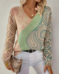 Green color block hollow-out V-neck knit sweater, front view