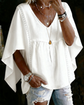 White V-neck cape batwing sleeve loose blouse, front view