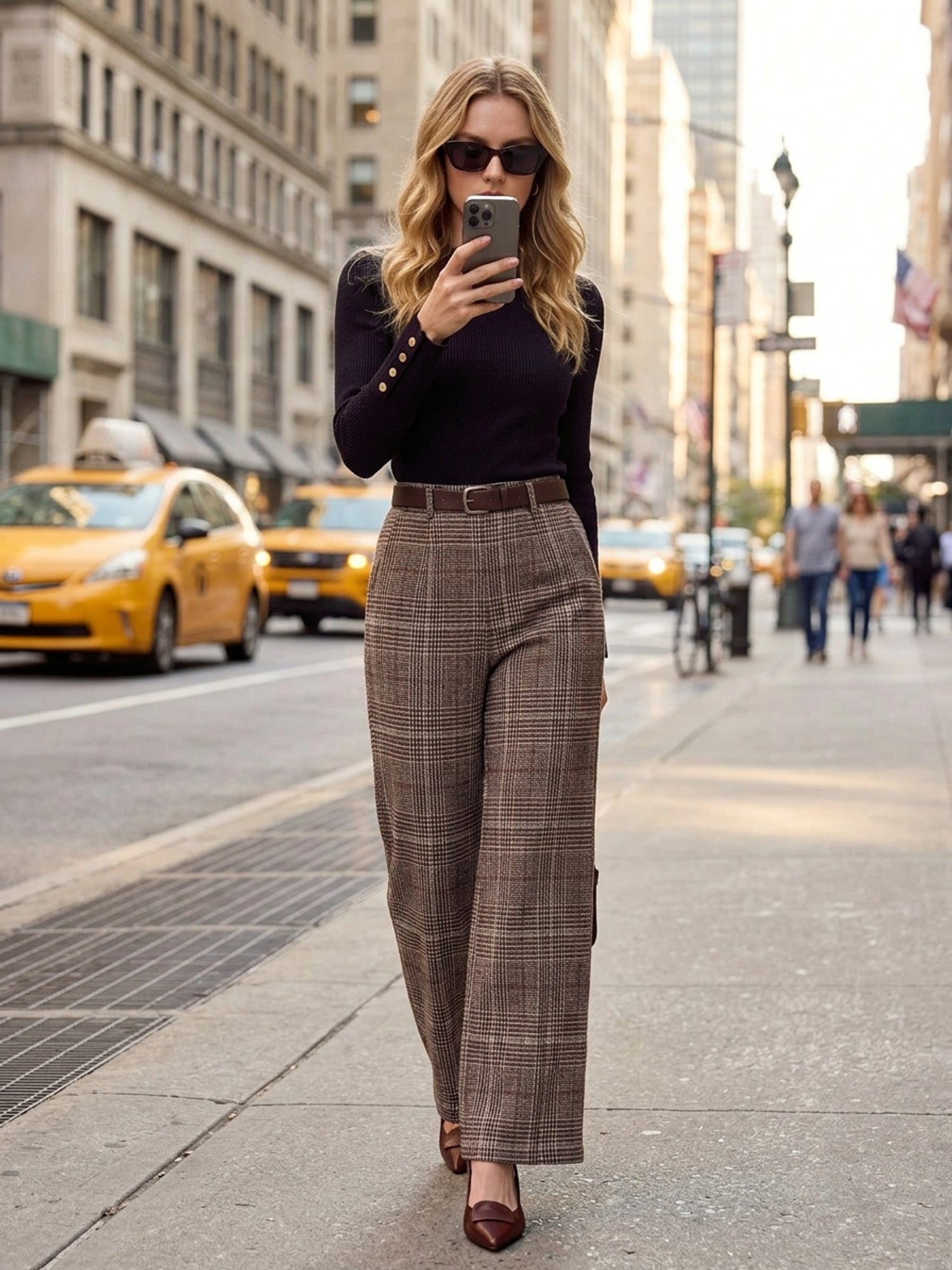 Coffee Brown Tailored Checked Pants