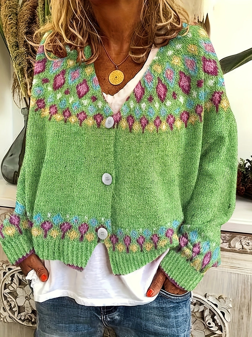 Green Nordic patterned cardigan, front view