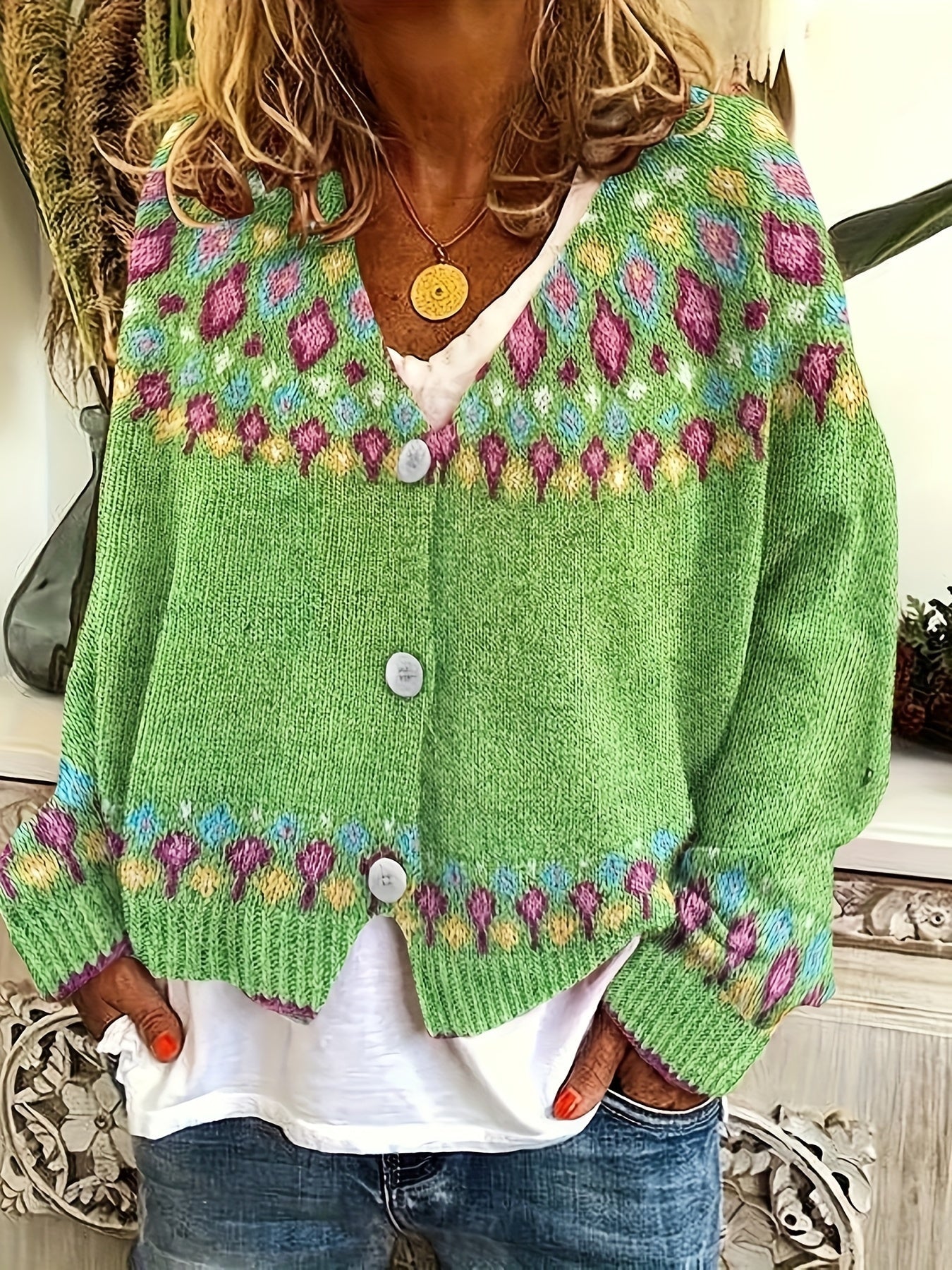 Green Nordic patterned cardigan, front view