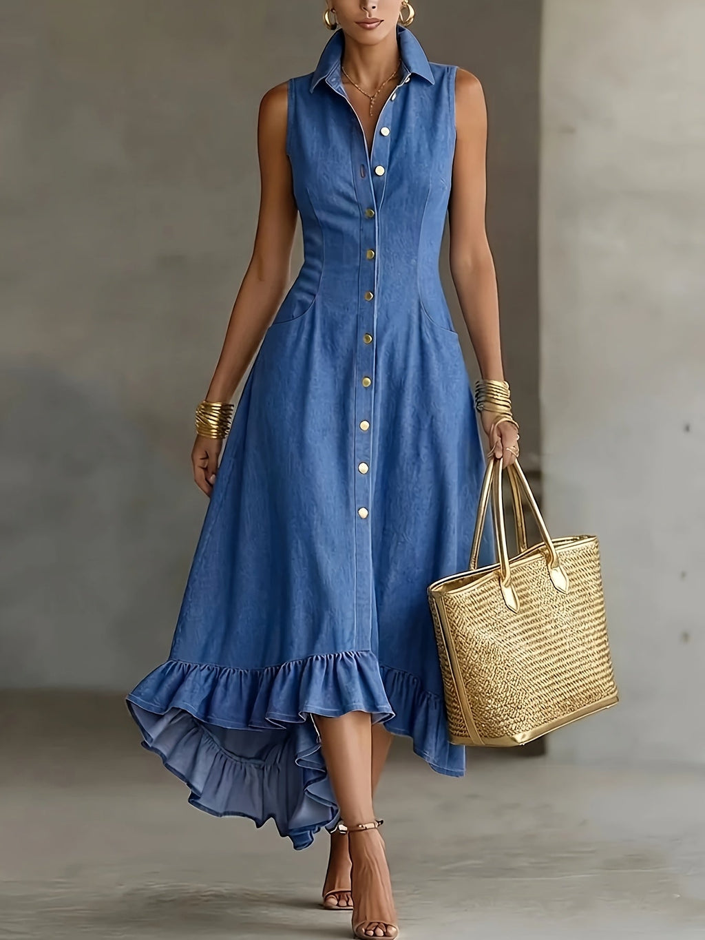 Blue Button-Front Denim Dress, front view