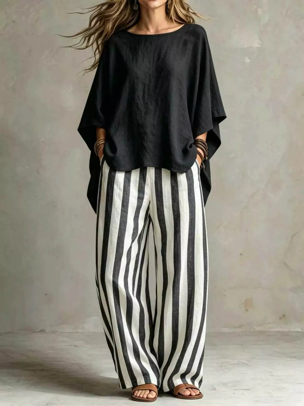 Black solid color top and trousers co-ord set