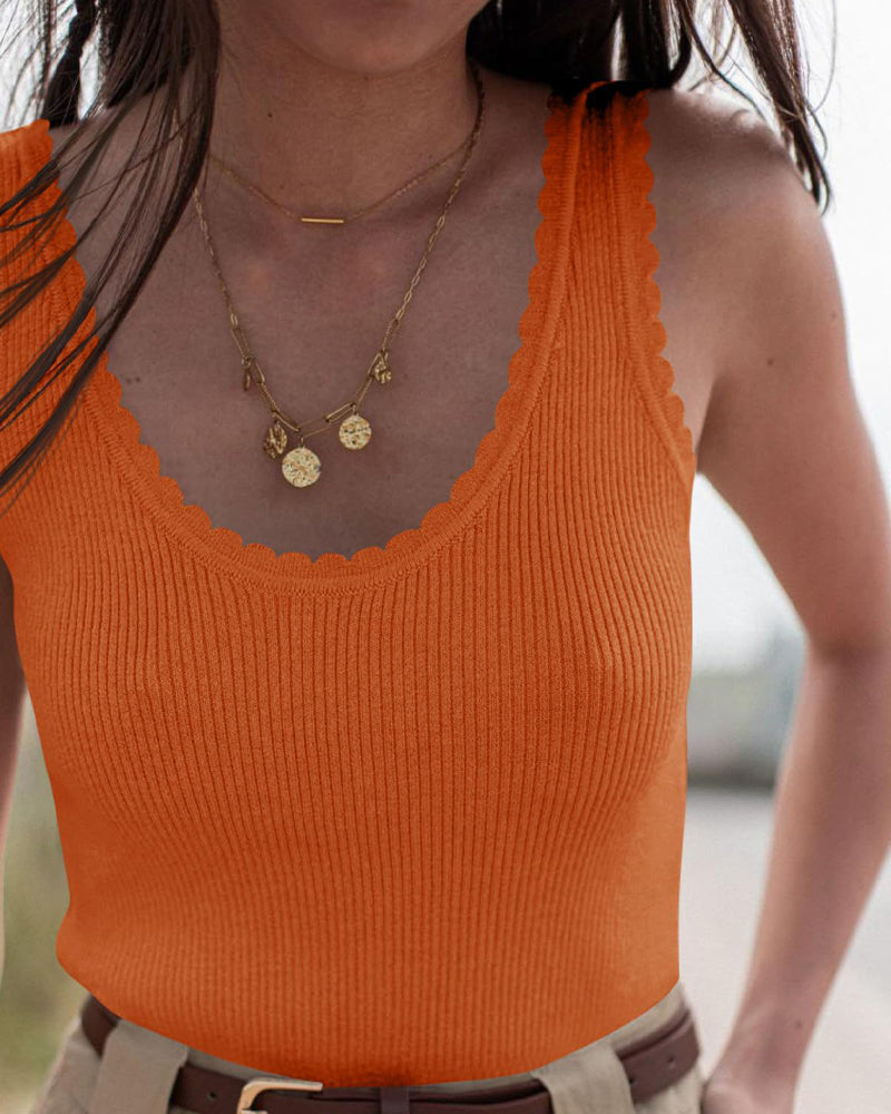 Scallop Trim U-Neck Sleeveless Sweater Vest