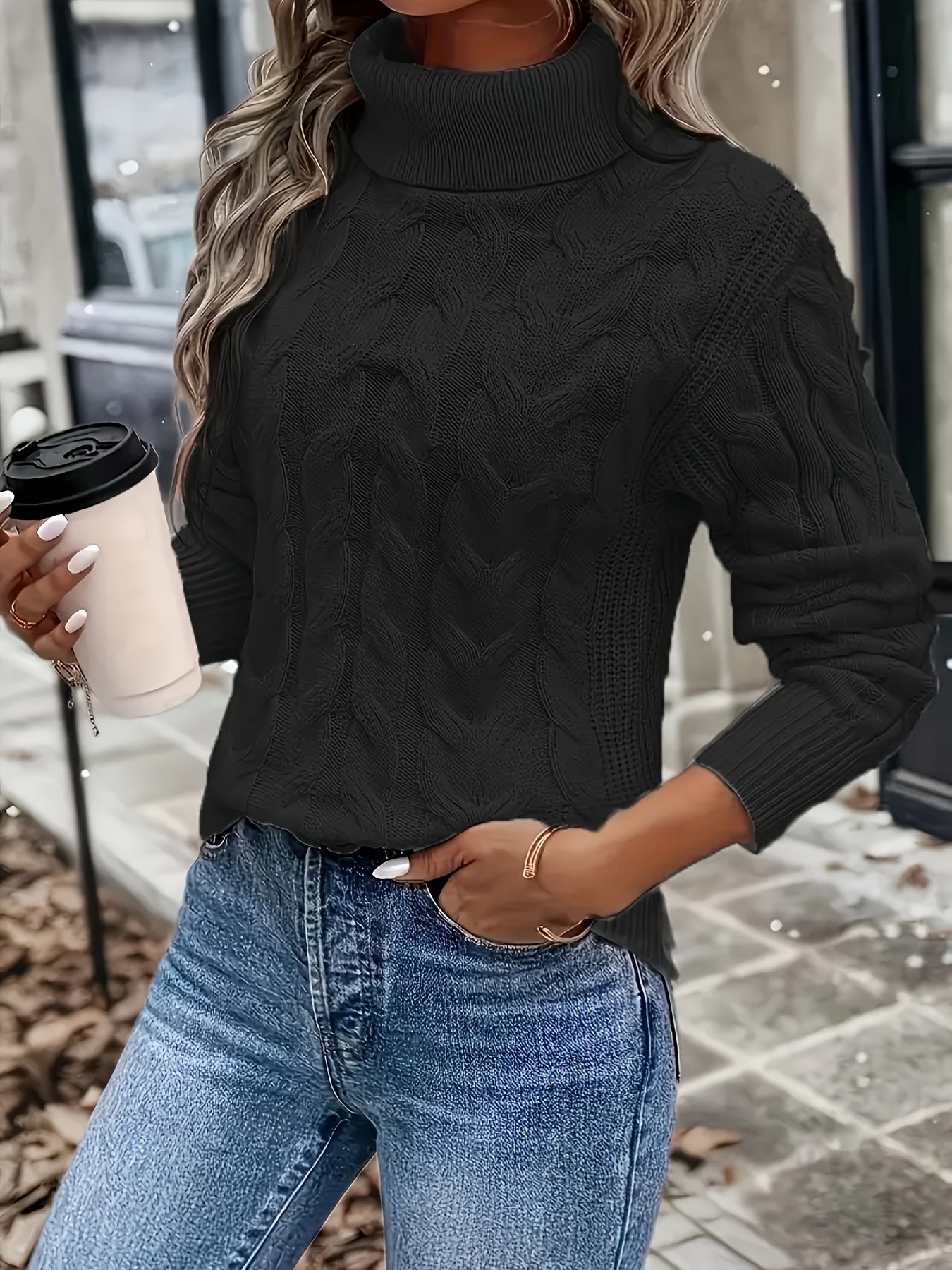 Red cozy cable-knit turtleneck sweater