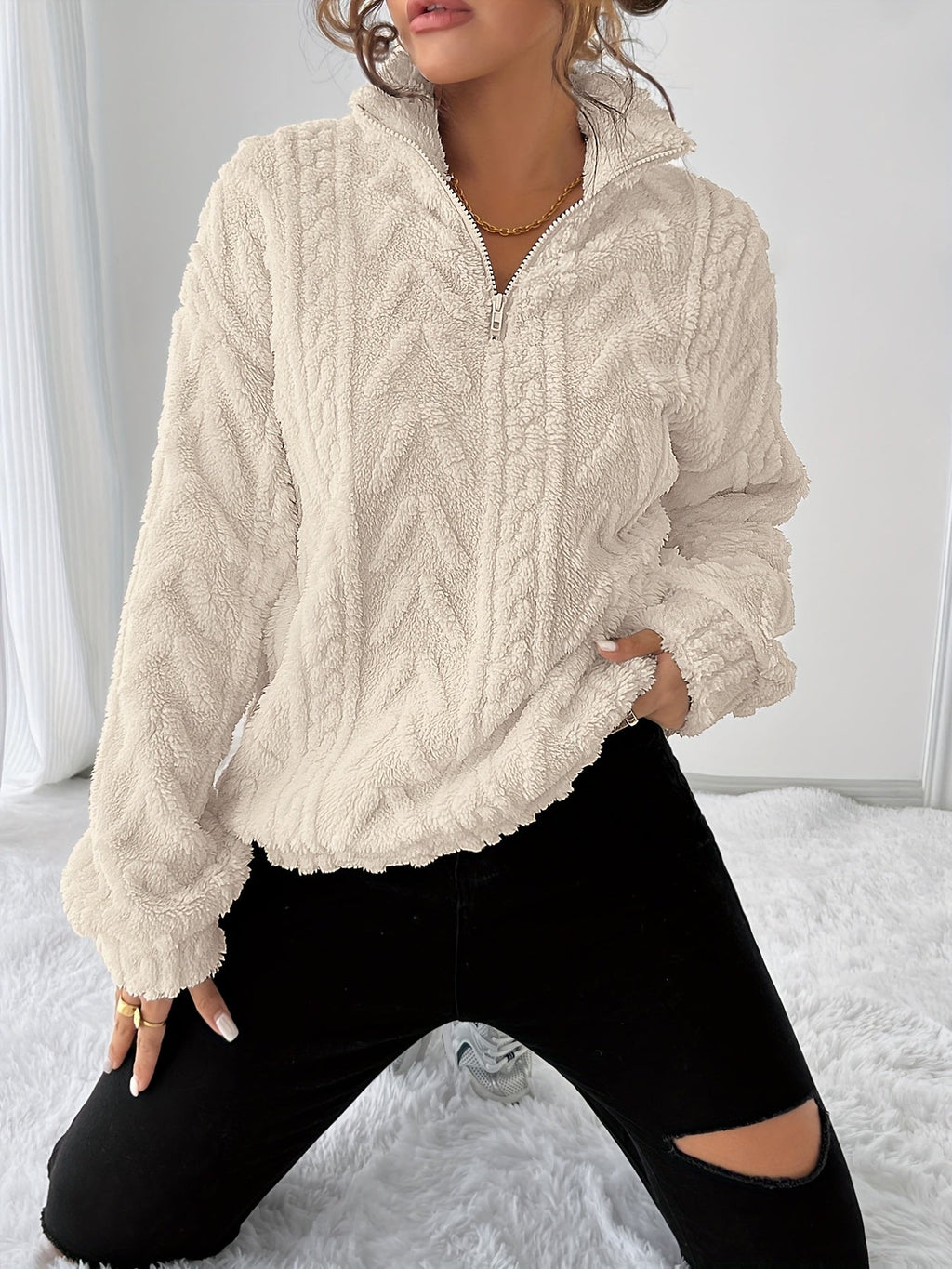 Cream cozy textured pullover