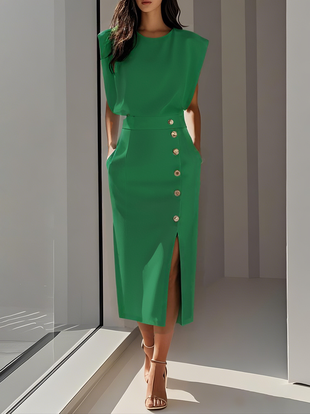 White Solid Midi Dress with Button Slit