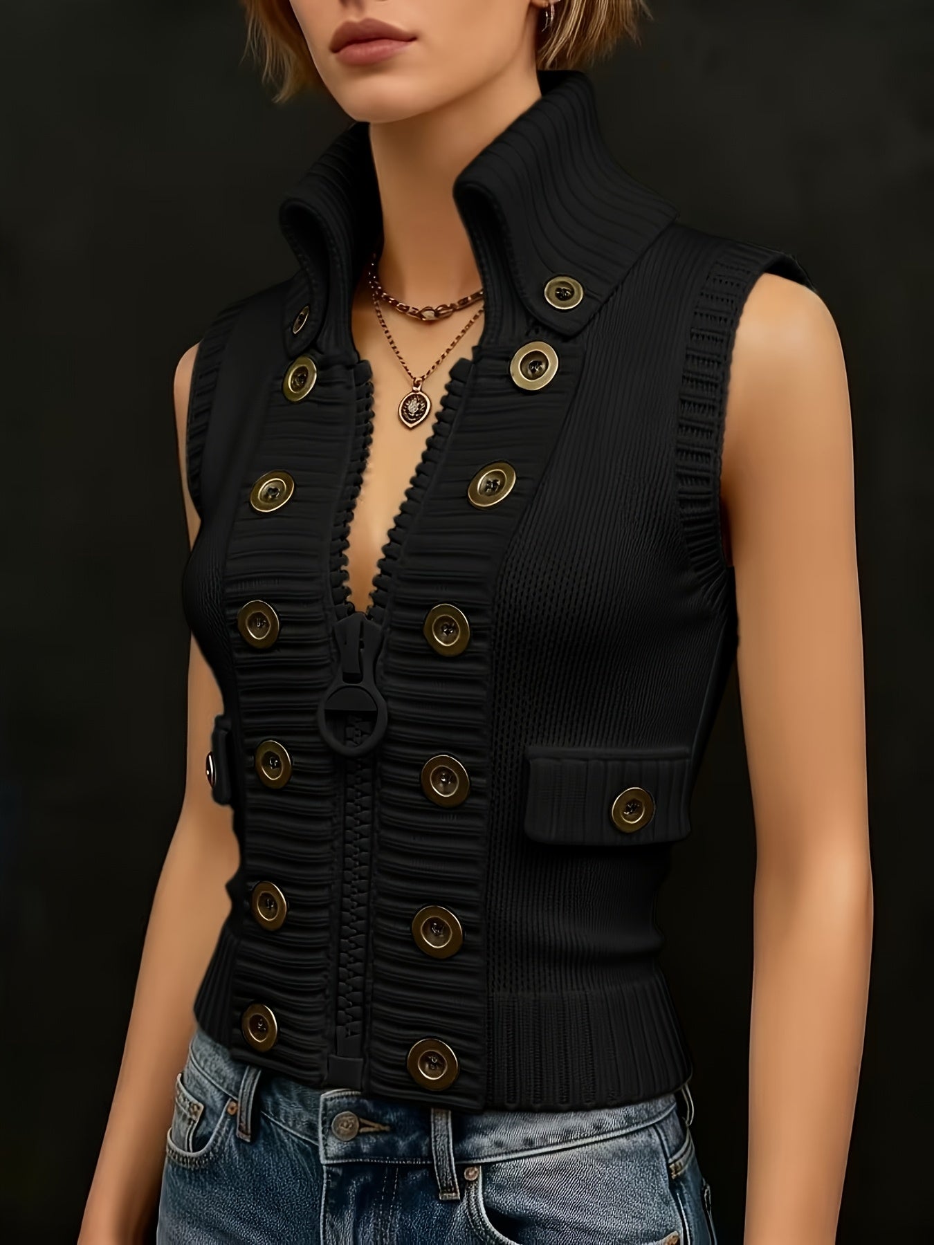 Milky high-collar zip vest