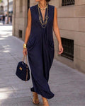 Sleeveless V-neck pocket maxi dress in navy blue, front view