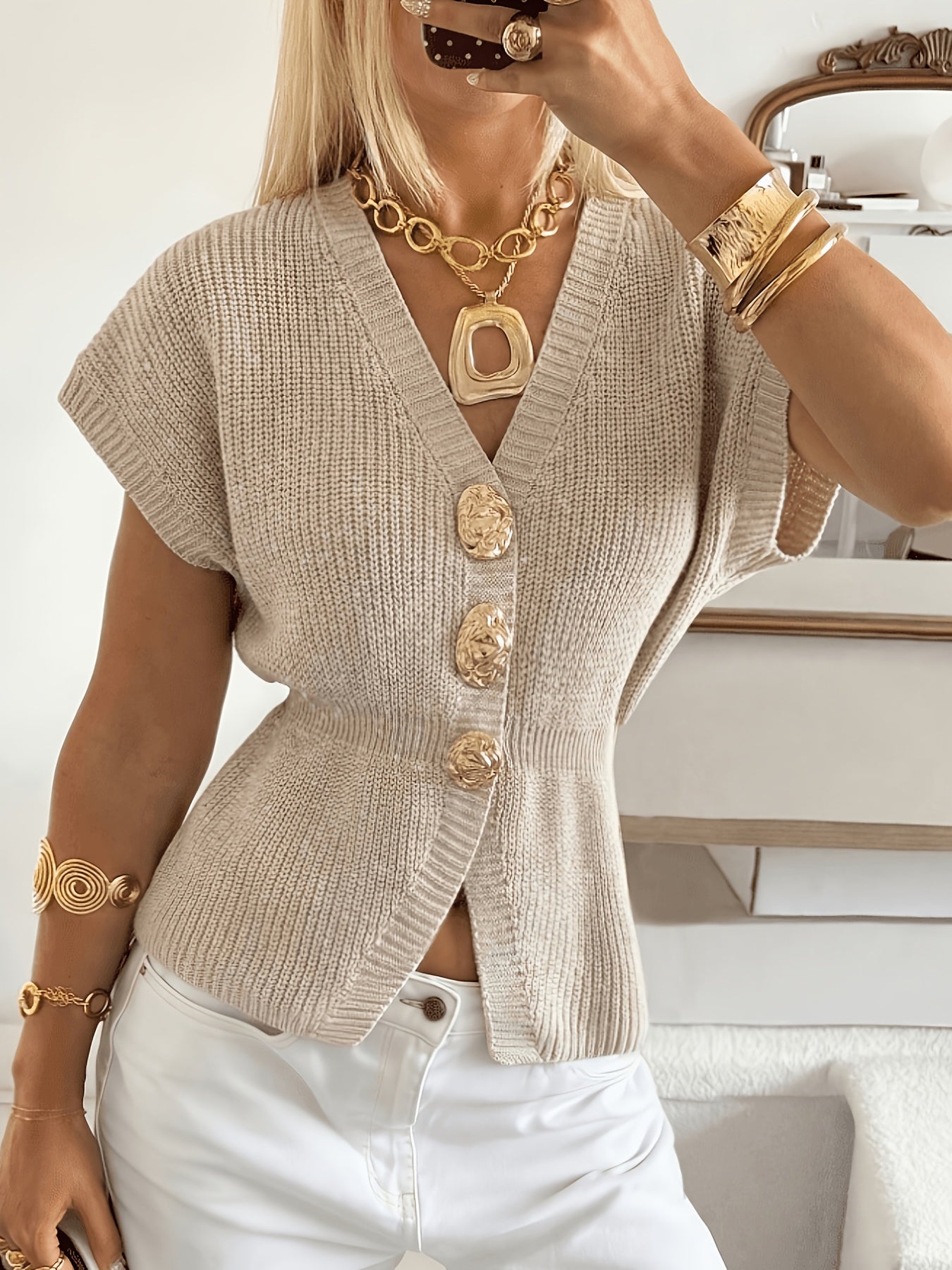 Apricot refined button-front cardigan, front view