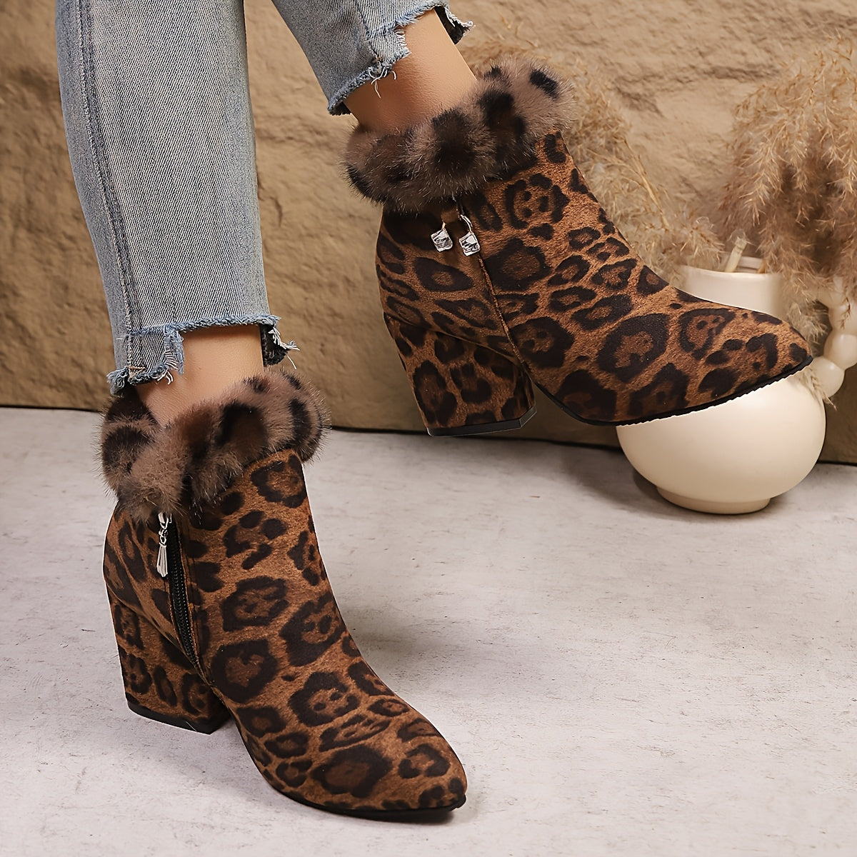 Leopard Print warm block-heel ankle Boots