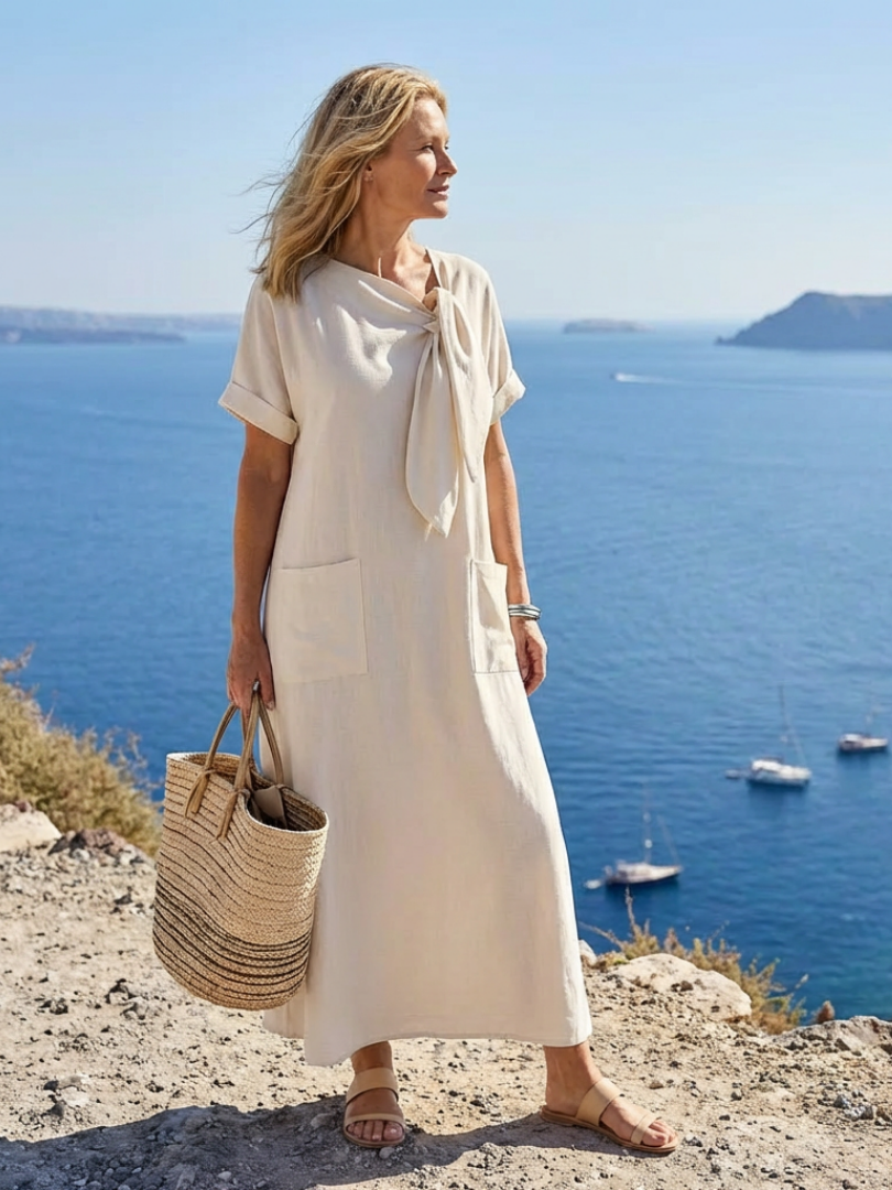 Alana - Women’s Round Neck Tie Front Maxi Dress