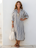 Alethea - Women’s V-Neck Long Sleeve Striped Midi Dress