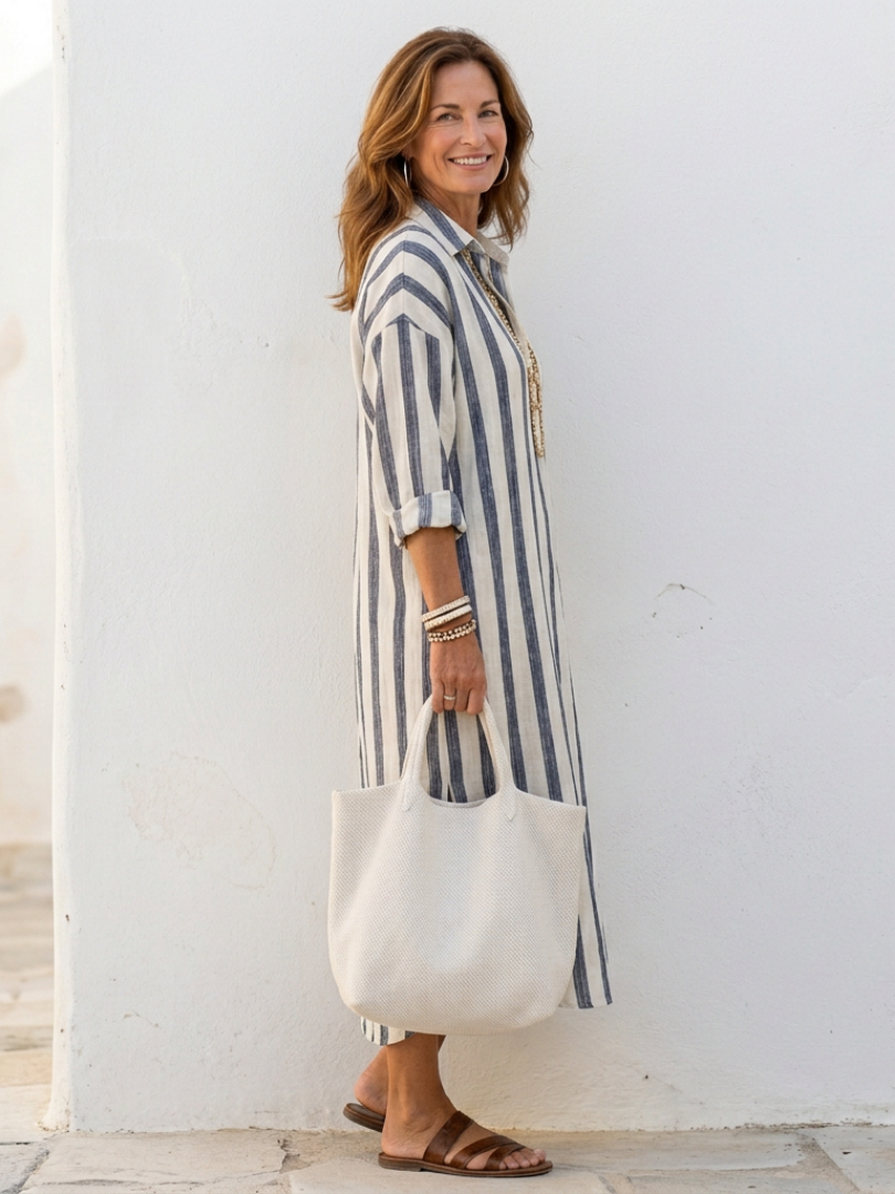 Alethea - Women’s V-Neck Long Sleeve Striped Midi Dress