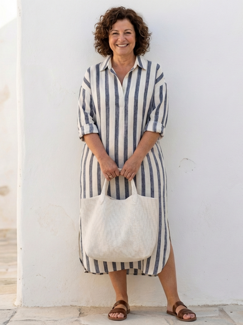 Alethea - Women’s V-Neck Long Sleeve Striped Midi Dress