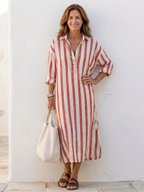 Alethea - Women’s V-Neck Long Sleeve Striped Midi Dress
