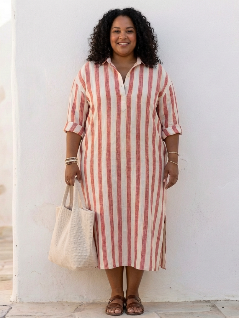 Alethea - Women’s V-Neck Long Sleeve Striped Midi Dress