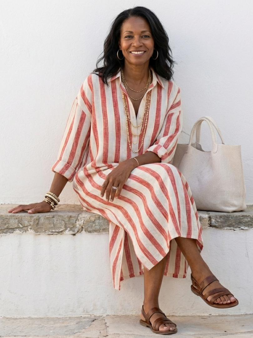 Alethea - Women’s V-Neck Long Sleeve Striped Midi Dress