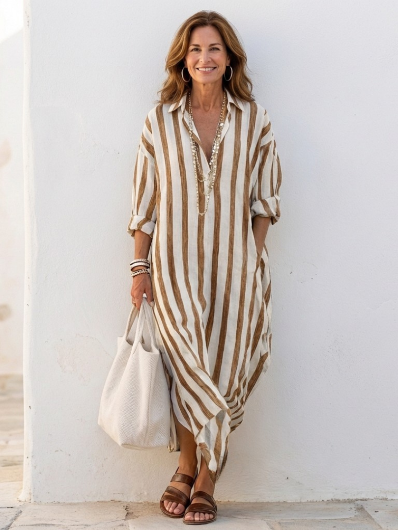Alethea - Women’s V-Neck Long Sleeve Striped Midi Dress